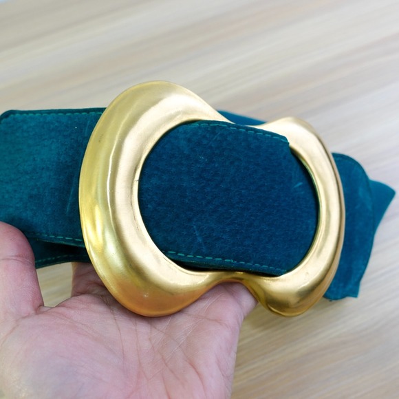 80s Vintage Stretch Waist Belt Women XS Blue Elastic Cinch Faux Suede PEARL 1989